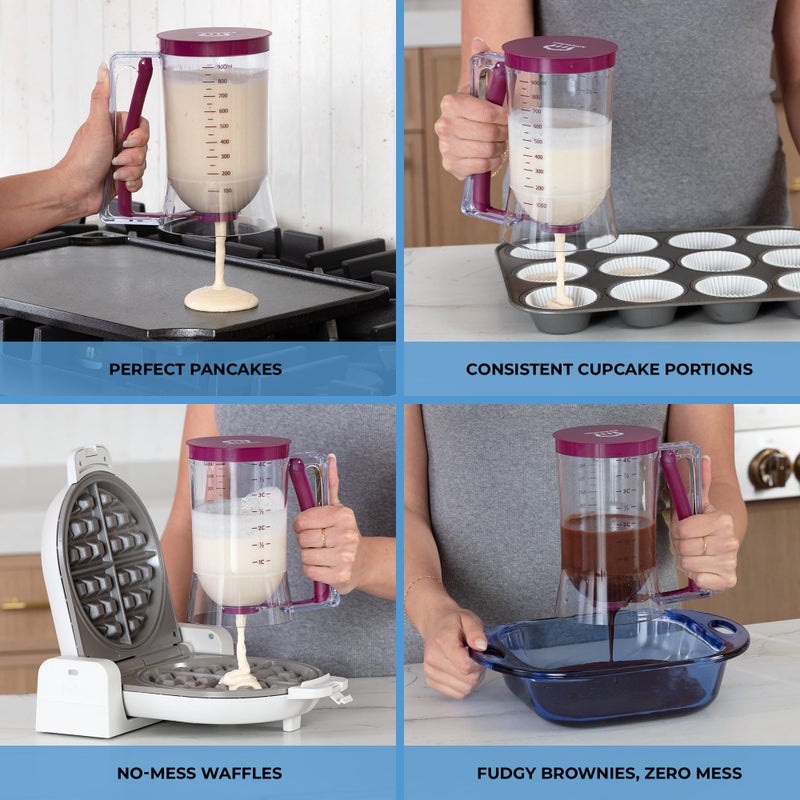 KPKitchen Pancake Batter Dispenser - Kitchen Must Have Tool for Perfect Pancakes, Cupcake, Waffle, Muffin Mix, Cake & Crepe - Baking Supplies for Griddle - Pancake Maker with Measuring Label (Purple) - Image 2